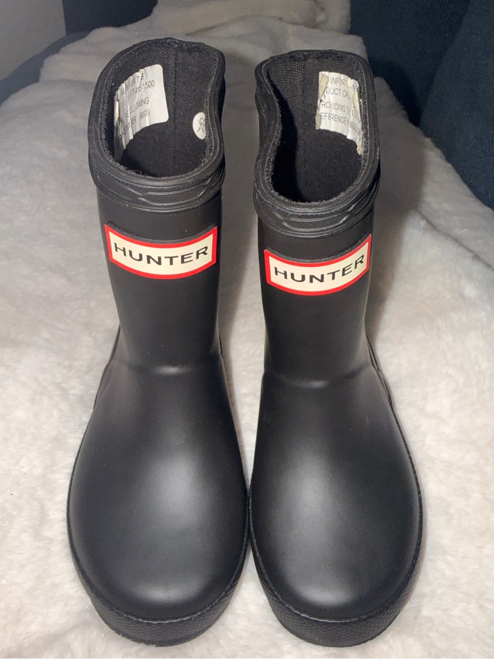 Kids Hunter Black Short Rain Boots with Red Logo